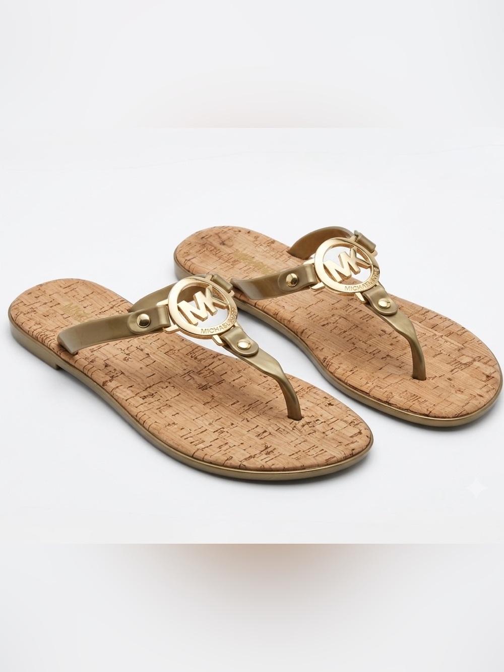 Michael Kors Jelly & Cork Flip Flops MK Charm Logo Sandals Pewter & Gold 6